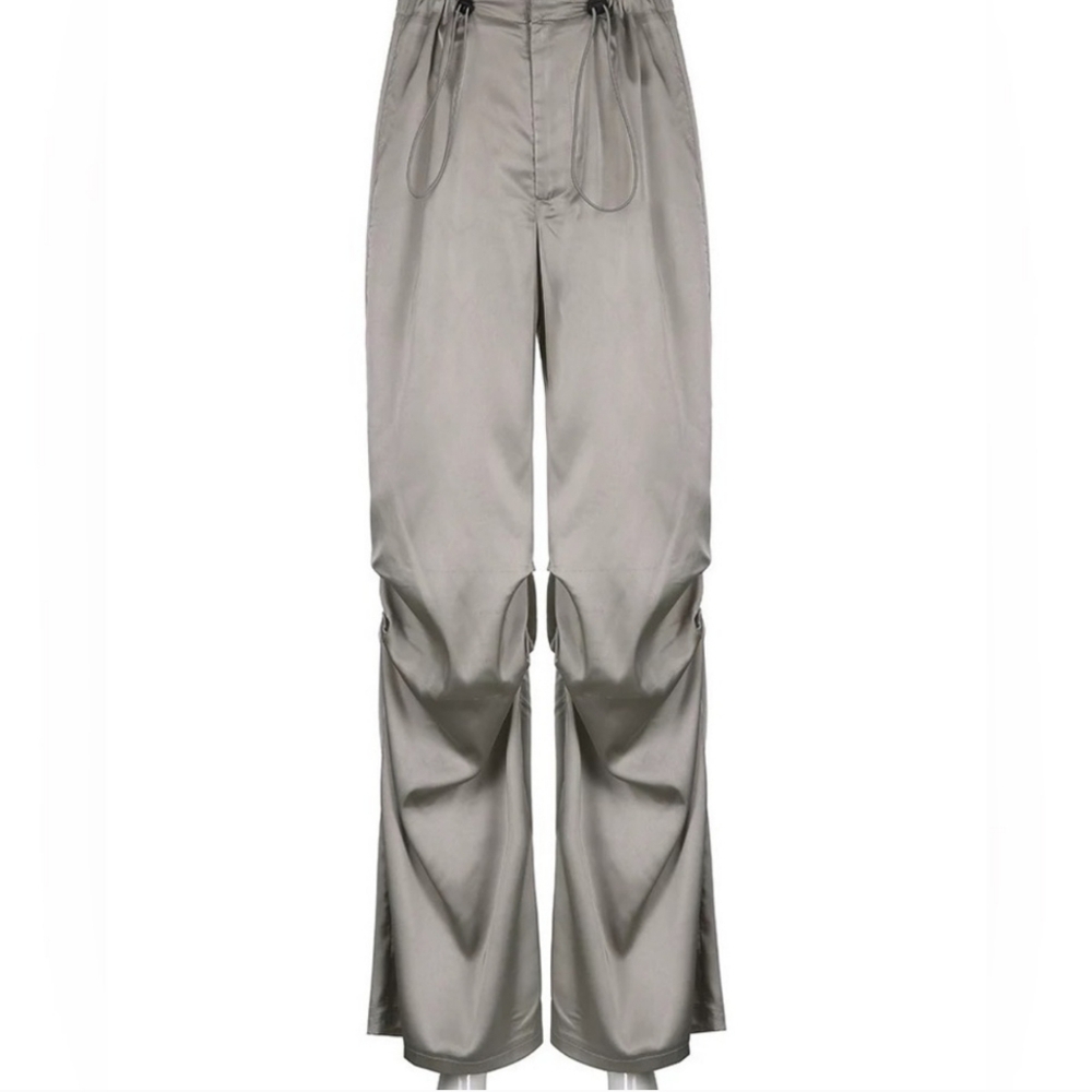 Heather Grey Silver Wide Satin Pant With Adjustable Cinch Ties - Picture 7 of 8